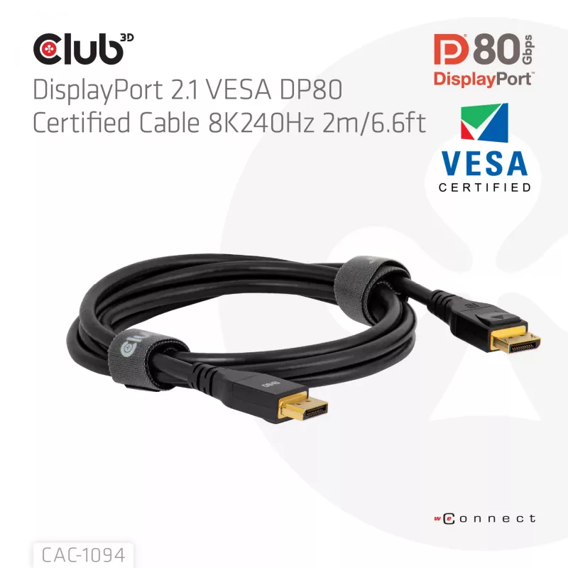 Club 3D CAC-1094 cabo DisplayPort 2.1 certificado VESA DP80 8K 240 Hz, 2 m (6,56 ft), preto