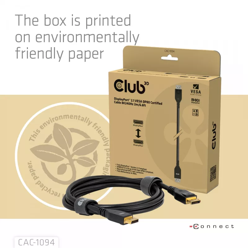 Club 3D CAC-1094 cabo DisplayPort 2.1 certificado VESA DP80 8K 240 Hz, 2 m (6,56 ft), preto