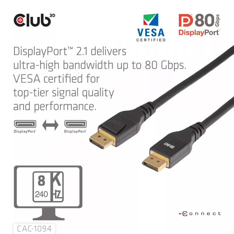 Club 3D CAC-1094 cabo DisplayPort 2.1 certificado VESA DP80 8K 240 Hz, 2 m (6,56 ft), preto