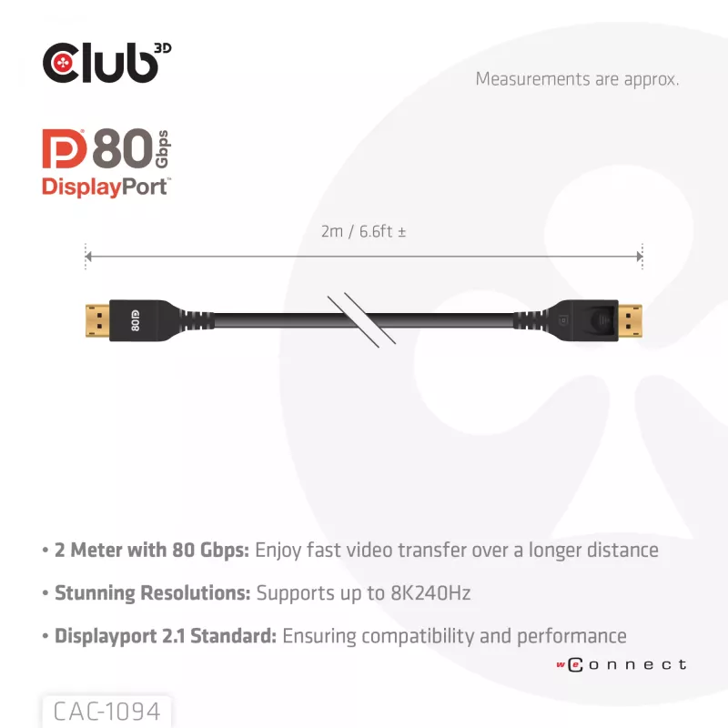 Club 3D CAC-1094 cabo DisplayPort 2.1 certificado VESA DP80 8K 240 Hz, 2 m (6,56 ft), preto