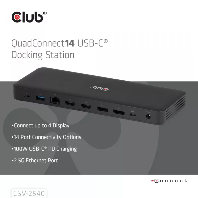 Docking station CLUB 3D 14-1 USB-C Quad Display USB4 com 2× portas USB 2.0