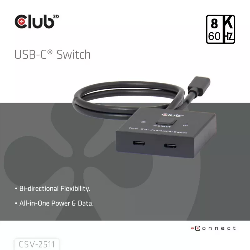 CLUB3D USB-C® comutador bidirecional de vídeo + dados + PD, USB Type-C, 2x DisplayPort, 7680 x 4320 Píxeis, Preto, 8K Ultra HD, 120 Hz
