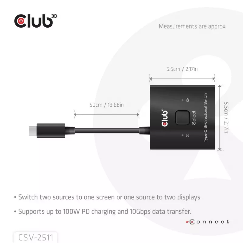 CLUB3D USB-C® comutador bidirecional de vídeo + dados + PD, USB Type-C, 2x DisplayPort, 7680 x 4320 Píxeis, Preto, 8K Ultra HD, 120 Hz