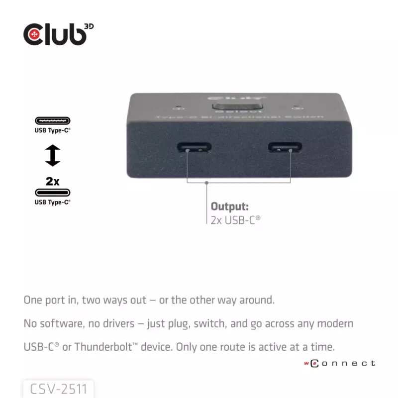CLUB3D USB-C® comutador bidirecional de vídeo + dados + PD, USB Type-C, 2x DisplayPort, 7680 x 4320 Píxeis, Preto, 8K Ultra HD, 120 Hz