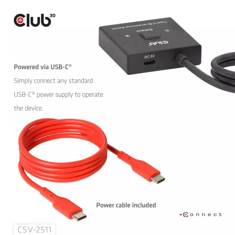 CLUB3D USB-C® comutador bidirecional de vídeo + dados + PD, USB Type-C, 2x DisplayPort, 7680 x 4320 Píxeis, Preto, 8K Ultra HD, 120 Hz
