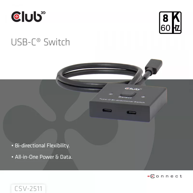 CLUB3D USB-C® comutador bidirecional de vídeo + dados + PD, USB Type-C, 2x DisplayPort, 7680 x 4320 Píxeis, Preto, 8K Ultra HD, 120 Hz