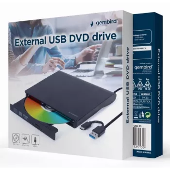Unidade interna DVD±RW Gembird DVD-USB-031 — USB Type-C, 24x CD / 8x DVD, carregamento frontal, preto, 140×18×140 mm