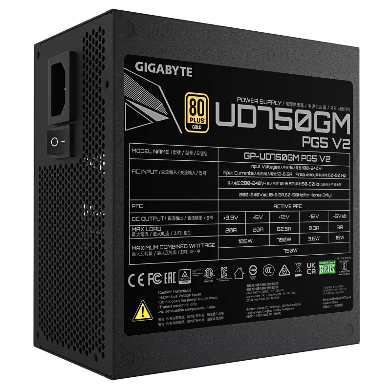 GIGABYTE UD750GM PG5 V2 fonte de alimentação – PCIe Gen 5.1, 80 PLUS Gold, estrutura totalmente modular, ventoinha de 120 mm, compatível com ATX 3.1, ficha EU