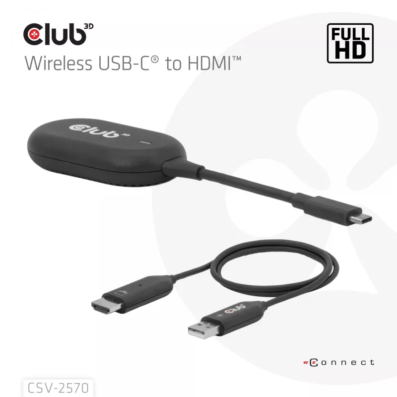 CLUB3D Wireless USB-C® para HDMI™, 1920 x 1080 píxeis, transmissor e recetor AV, com fios e sem fios, preto, HDCP