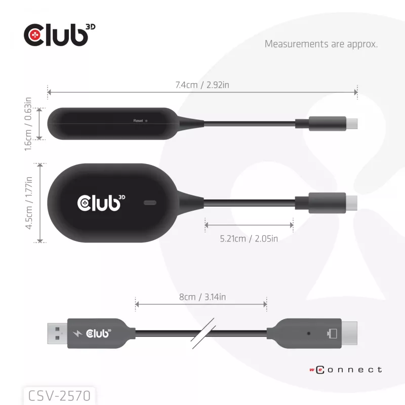 CLUB3D Wireless USB-C® para HDMI™, 1920 x 1080 píxeis, transmissor e recetor AV, com fios e sem fios, preto, HDCP