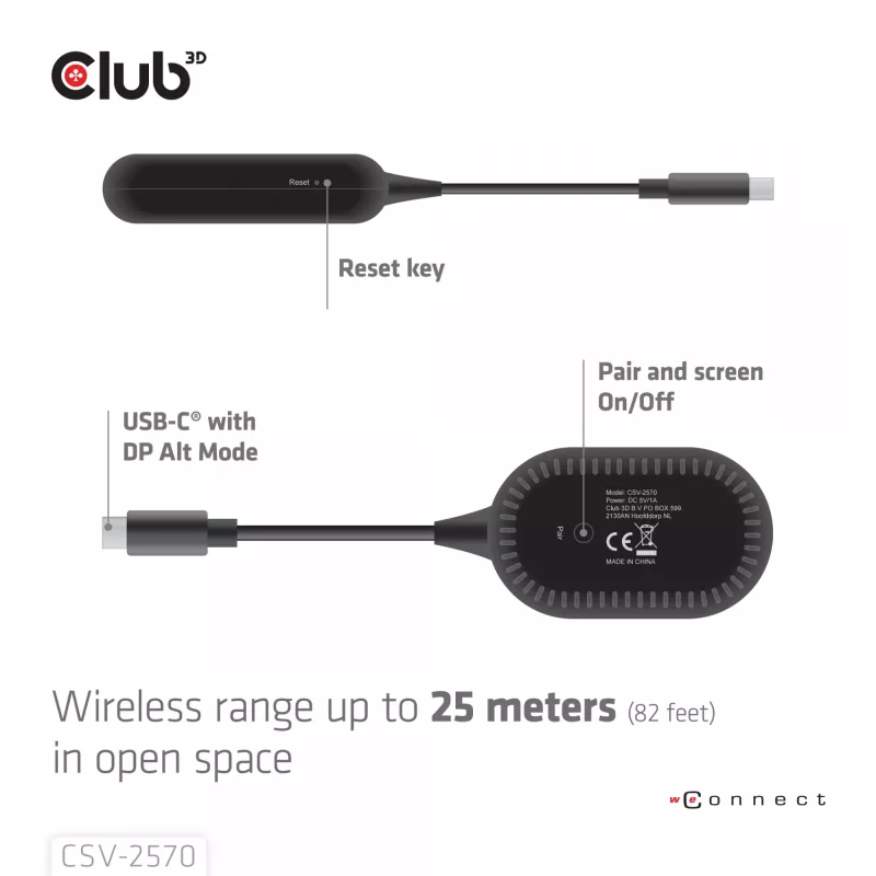 CLUB3D Wireless USB-C® para HDMI™, 1920 x 1080 píxeis, transmissor e recetor AV, com fios e sem fios, preto, HDCP