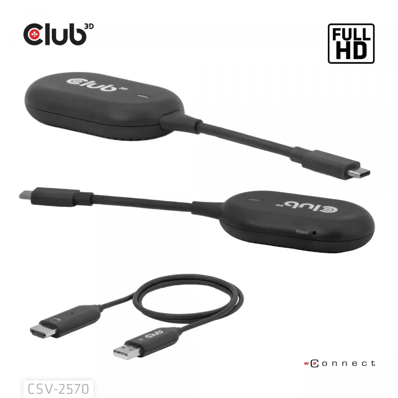 CLUB3D Wireless USB-C® para HDMI™, 1920 x 1080 píxeis, transmissor e recetor AV, com fios e sem fios, preto, HDCP