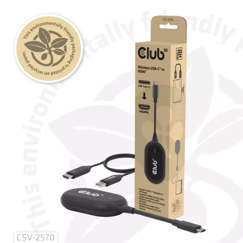 CLUB3D Wireless USB-C® para HDMI™, 1920 x 1080 píxeis, transmissor e recetor AV, com fios e sem fios, preto, HDCP