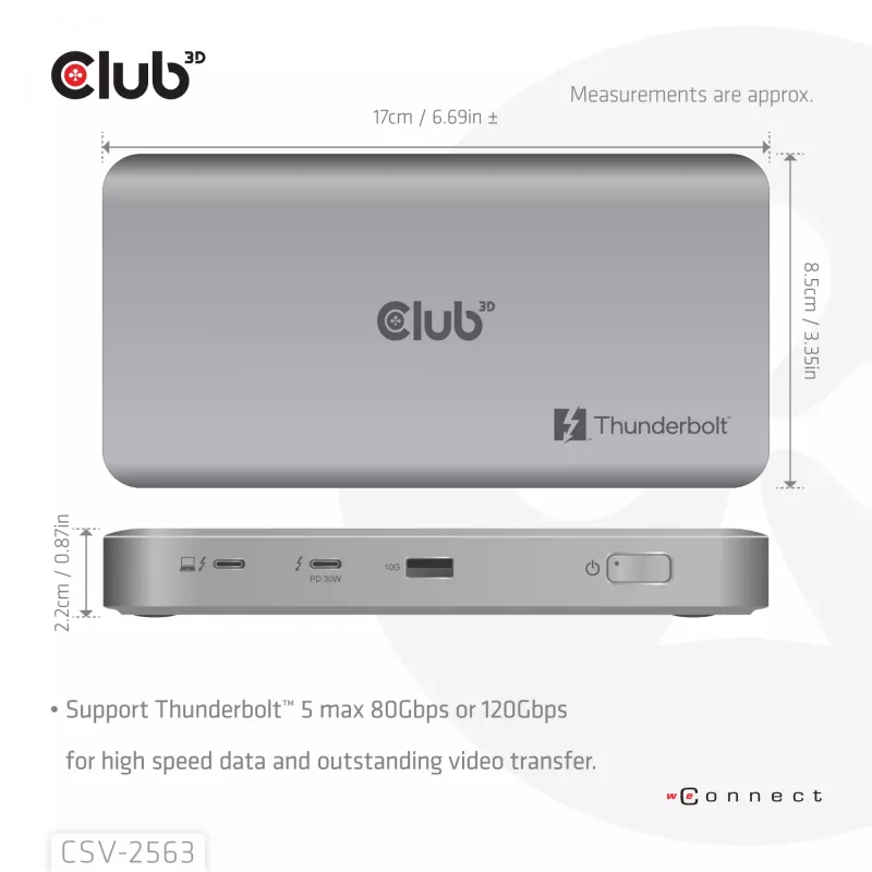 CLUB3D CSV-2563 Hub Thunderbolt™ 5 5-1 vídeo triplo 5K60Hz Thunderbolt™ Share certificado 180 W