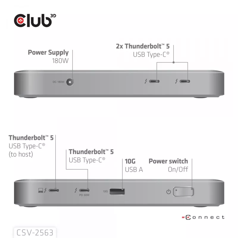 CLUB3D CSV-2563 Hub Thunderbolt™ 5 5-1 vídeo triplo 5K60Hz Thunderbolt™ Share certificado 180 W