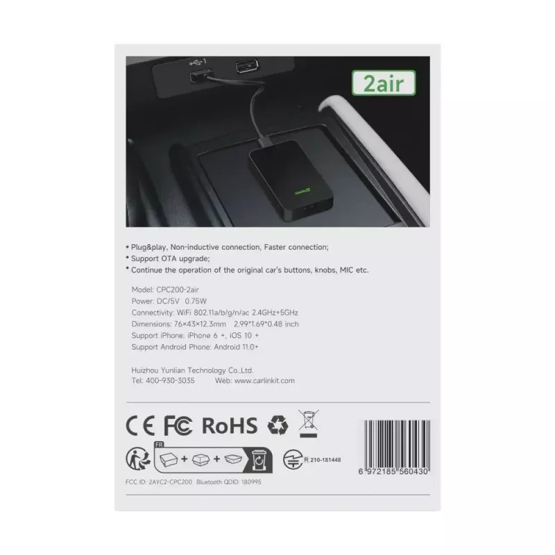 Recetor multimédia para automóvel Carlinkit CPC200-2AIR preto Wi‑Fi 5 GHz / 2,4 GHz, Bluetooth 4.1, USB‑C