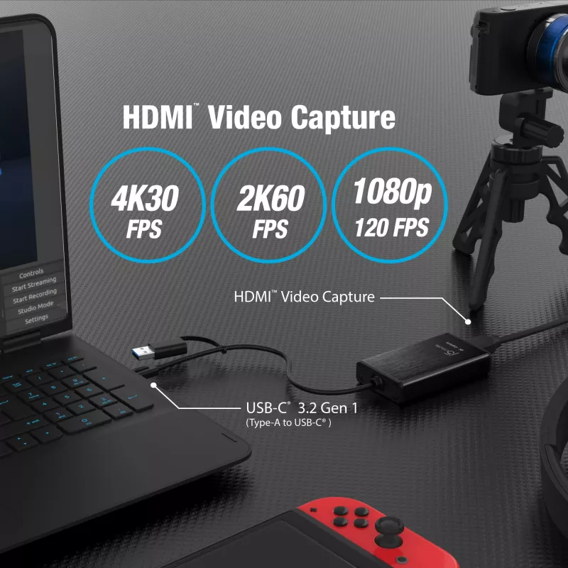 j5create JVA11-N Adaptador de captura HDMI™ 4K, preto, USB 3.2 Gen 1 (3.1 Gen 1), 3840 x 2160 píxeis, alumínio, 0,19 m, Taiwan