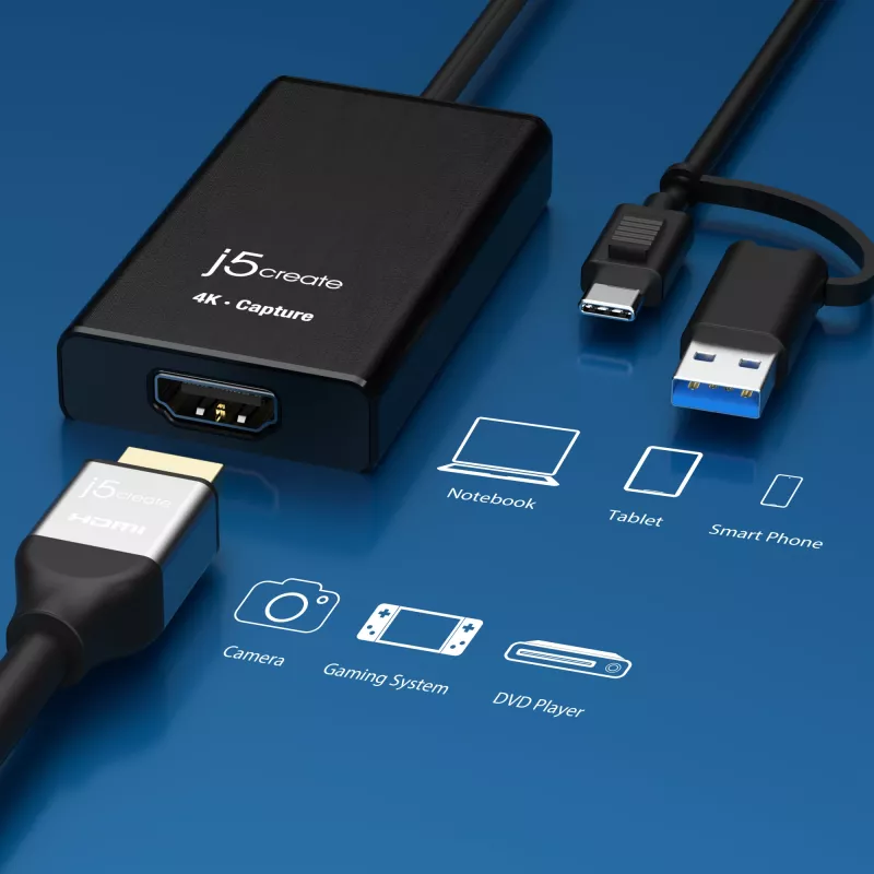 j5create JVA11-N Adaptador de captura HDMI™ 4K, preto, USB 3.2 Gen 1 (3.1 Gen 1), 3840 x 2160 píxeis, alumínio, 0,19 m, Taiwan