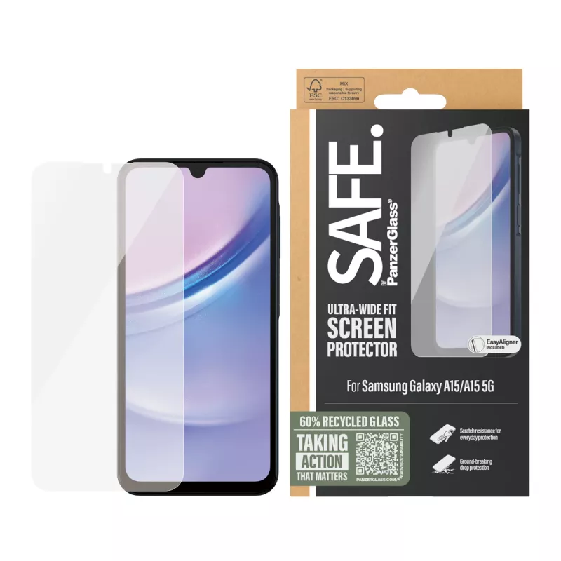 PanzerGlass SAFE. by ® Película de proteção de ecrã para Samsung Galaxy A15 | A15 5G | Ultra-Wide Fit com EasyAligner
