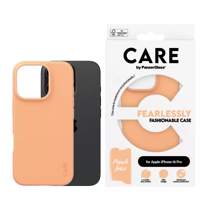 PanzerGlass CARE by capa elegante Peachy iPhone 16 Pro capa transparente