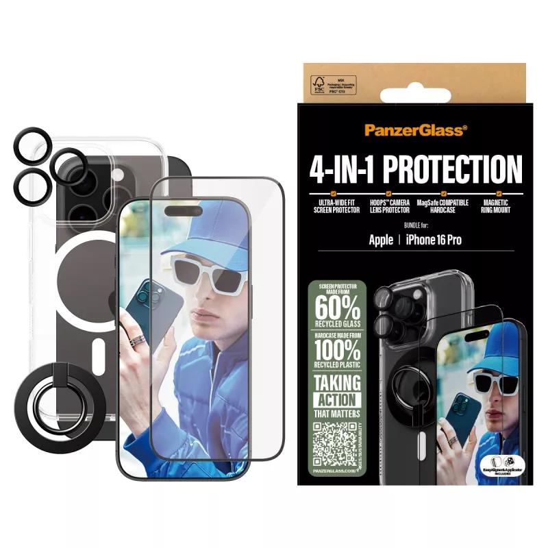 PanzerGlass ® pacote de proteção 4 em 1 iPhone 16 Pro, Apple, Apple - iPhone 16 Pro, aplicação a seco, resistente a riscos, resistente a choques, transparente, 1 unid.
