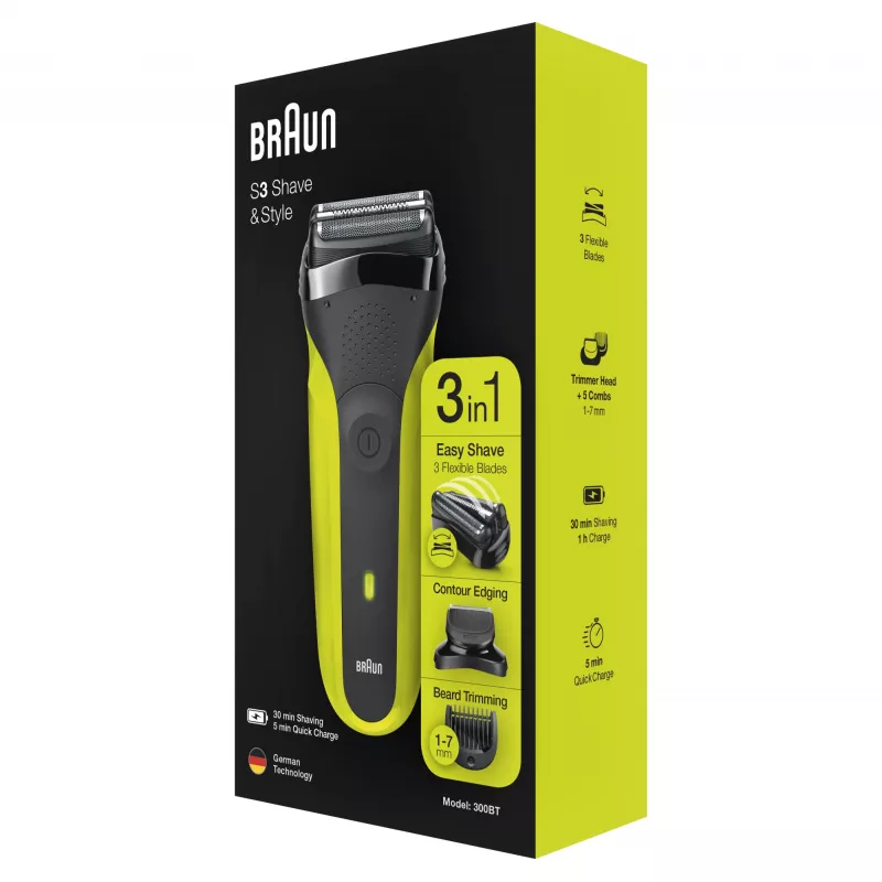 Braun Series 3 Shave&Style 300BT máquina de barbear elétrica, máquina de barbear para homem, preto/Volt Green