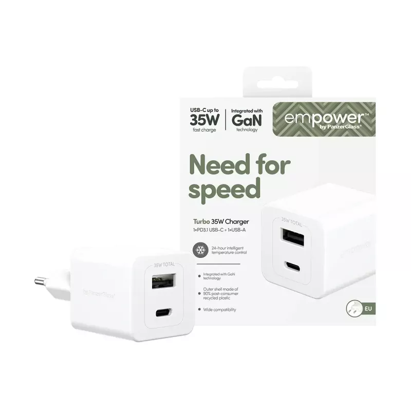 PanzerGlass empower™ by ® Turbo carregador de 35W incl. USB-C + USB-A | ficha UE | branco prateado
