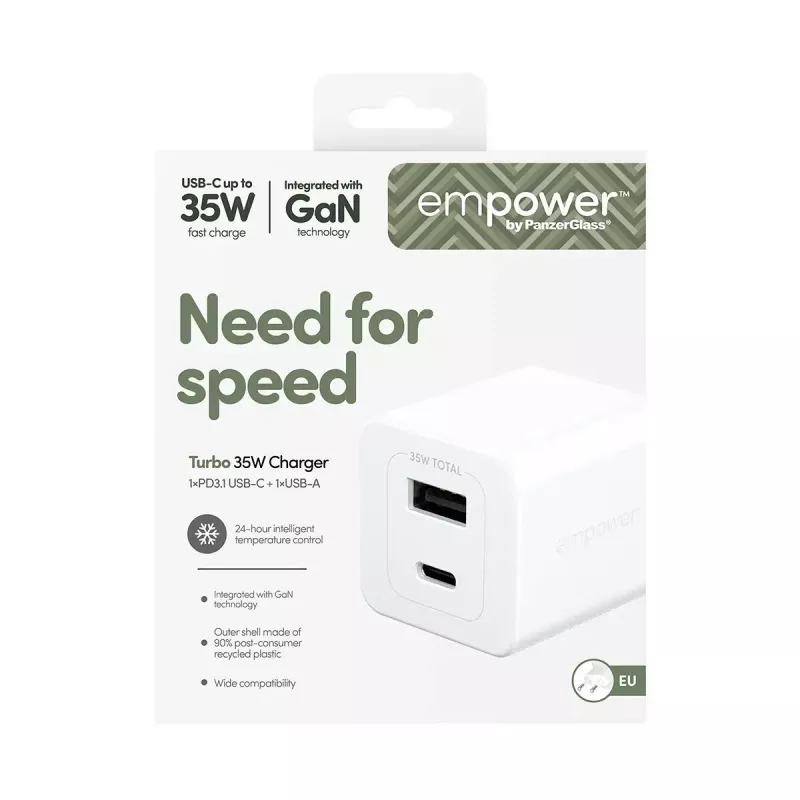 PanzerGlass empower™ by ® Turbo carregador de 35W incl. USB-C + USB-A | ficha UE | branco prateado