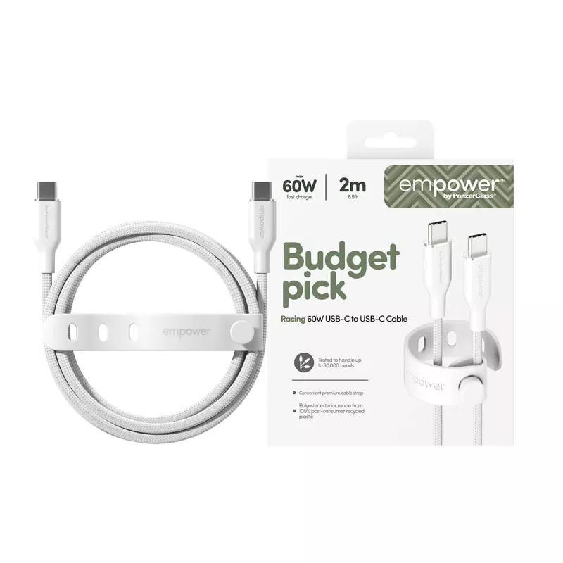 PanzerGlass empower™ by ® Racing cabo USB-C para USB-C 60W | USB 2.0 | 2 m | Silver White