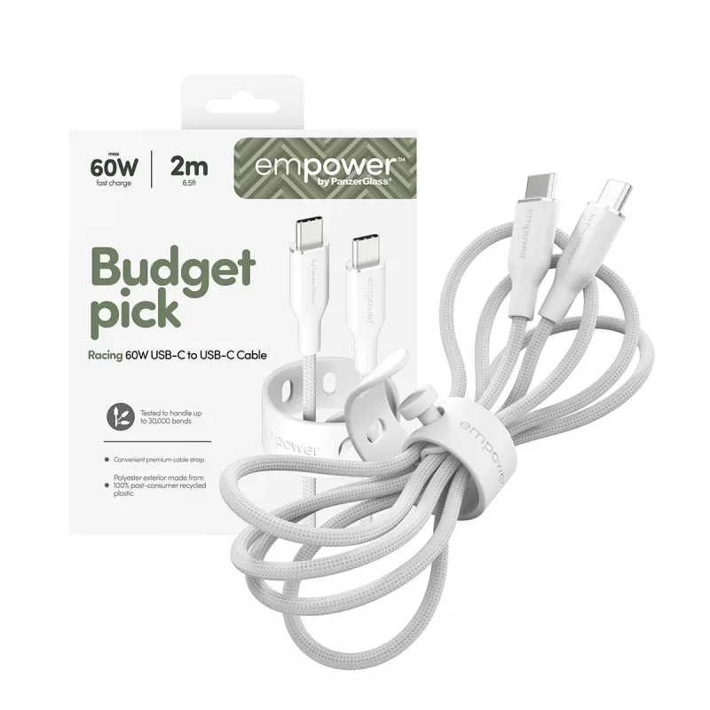 PanzerGlass empower™ by ® Racing cabo USB-C para USB-C 60W | USB 2.0 | 2 m | Silver White