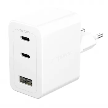 PanzerGlass empower™ by ® Turbo carregador múltiplo de 70W incl. 2 x USB-C + USB-A | ficha UE | branco prateado