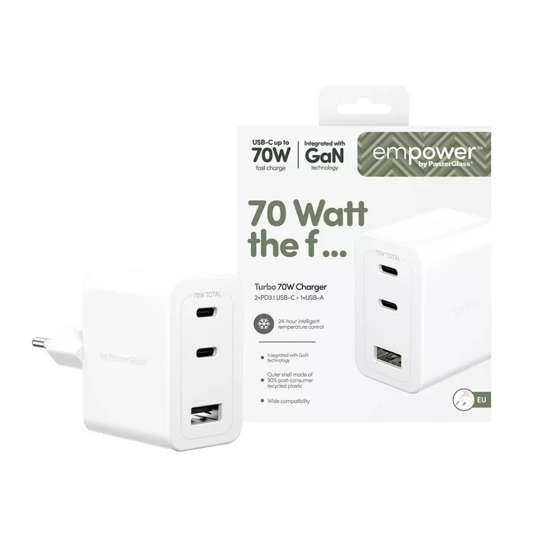PanzerGlass empower™ by ® Turbo carregador múltiplo de 70W incl. 2 x USB-C + USB-A | ficha UE | branco prateado