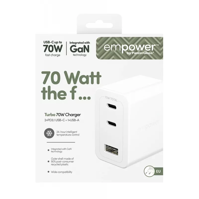 PanzerGlass empower™ by ® Turbo carregador múltiplo de 70W incl. 2 x USB-C + USB-A | ficha UE | branco prateado