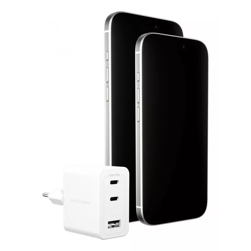 PanzerGlass empower™ by ® Turbo carregador múltiplo de 70W incl. 2 x USB-C + USB-A | ficha UE | branco prateado