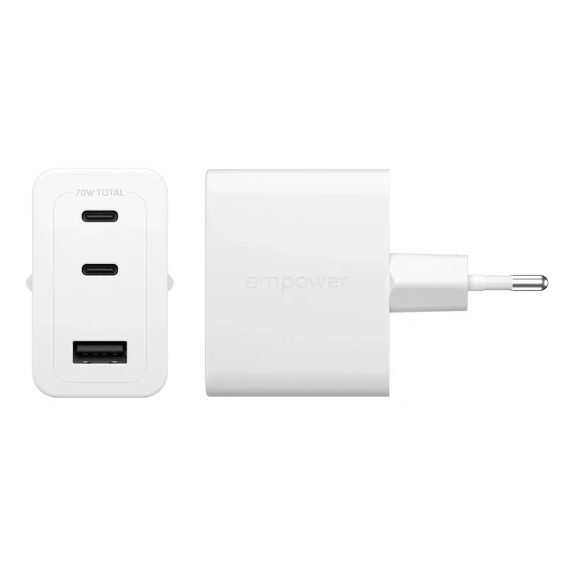 PanzerGlass empower™ by ® Turbo carregador múltiplo de 70W incl. 2 x USB-C + USB-A | ficha UE | branco prateado