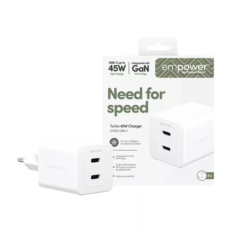 PanzerGlass empower™ by ® Turbo carregador de 45W incl. 2 x USB-C | ficha UE | branco prateado