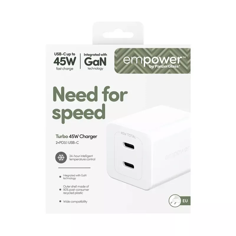 PanzerGlass empower™ by ® Turbo carregador de 45W incl. 2 x USB-C | ficha UE | branco prateado