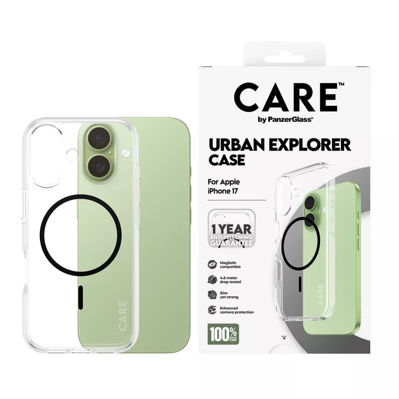 Capa PanzerGlass CARE by Flagship Case transparente Urban Explorer preta MagSafe iPhone 17