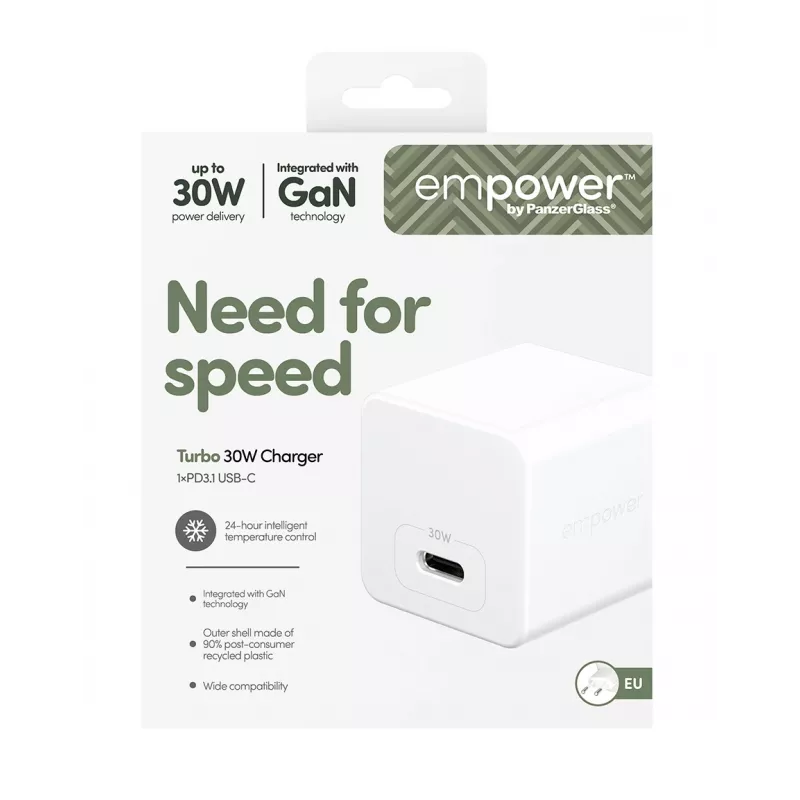 Carregador PanzerGlass empower™ by ® Turbo 30W USB-C único | Ficha EU | Branco prateado