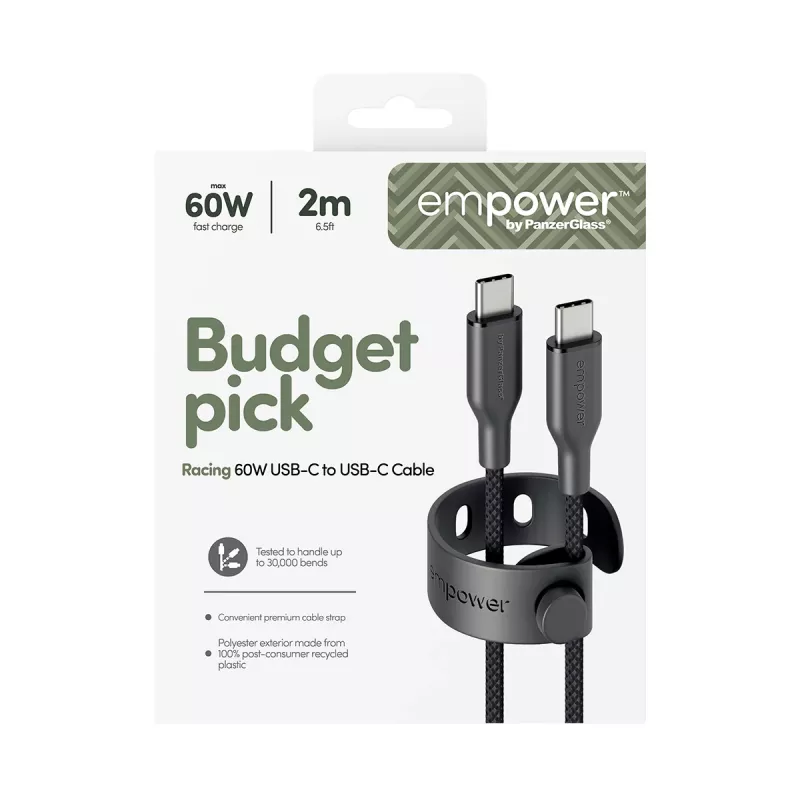 Cabo PanzerGlass empower™ by ® Racing 60W USB-C para USB-C | USB 2.0 | 2M | Preto espacial