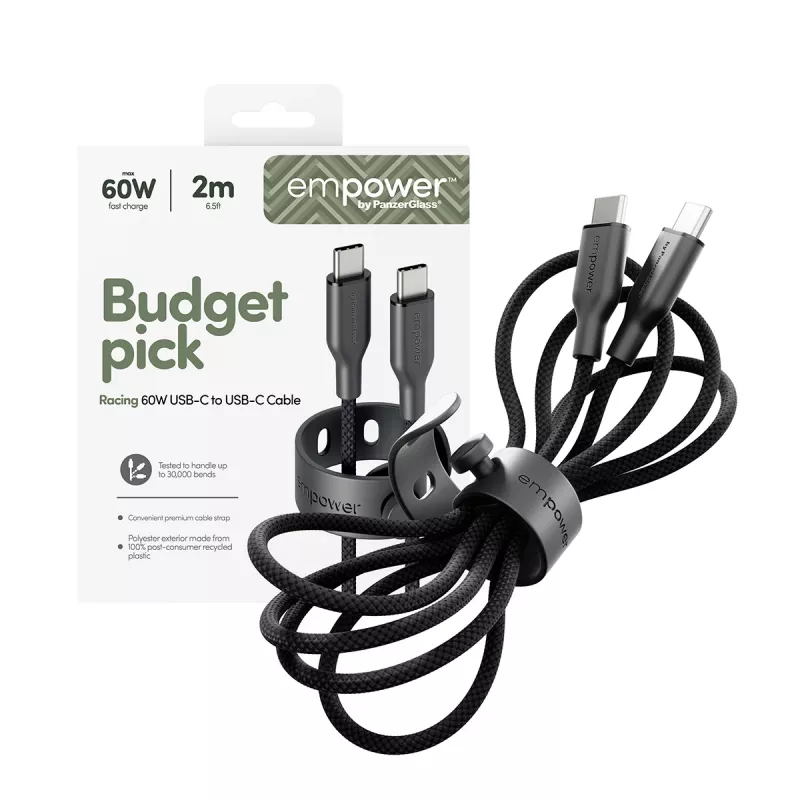 Cabo PanzerGlass empower™ by ® Racing 60W USB-C para USB-C | USB 2.0 | 2M | Preto espacial