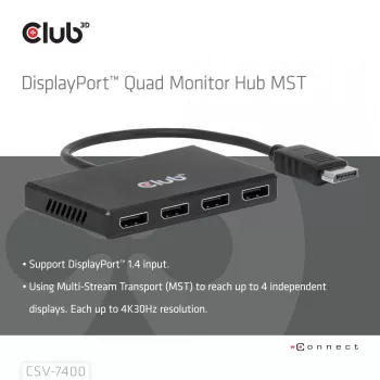 Hub CLUB3D Quad DisplayPort™ – 4 x resolução 4K @ 30Hz, suporte MST