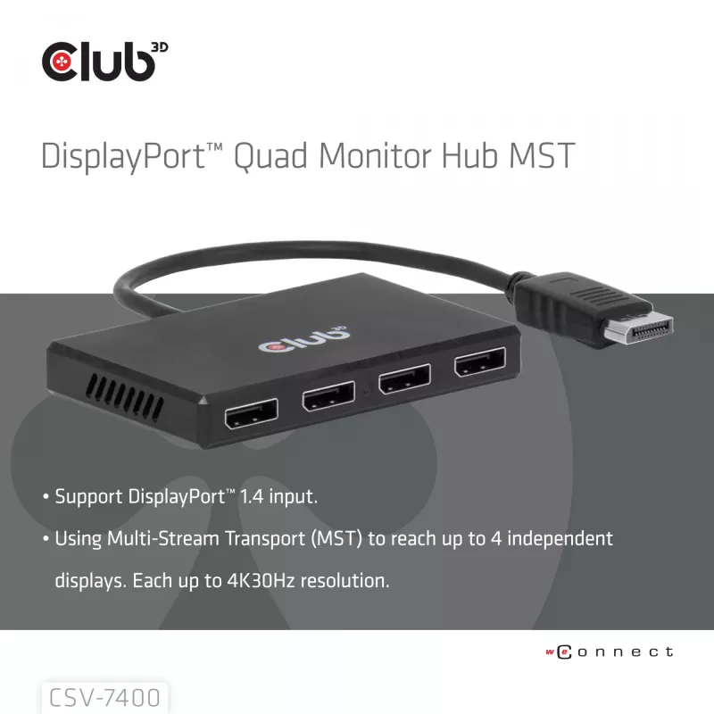 Hub CLUB3D Quad DisplayPort™ – 4 x resolução 4K @ 30Hz, suporte MST