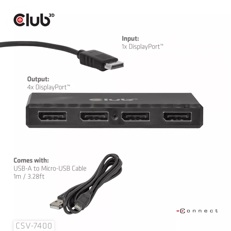 Hub CLUB3D Quad DisplayPort™ – 4 x resolução 4K @ 30Hz, suporte MST