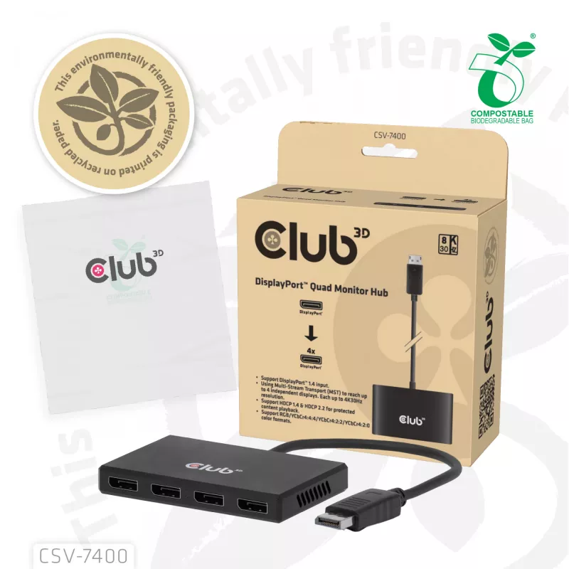 Hub CLUB3D Quad DisplayPort™ – 4 x resolução 4K @ 30Hz, suporte MST