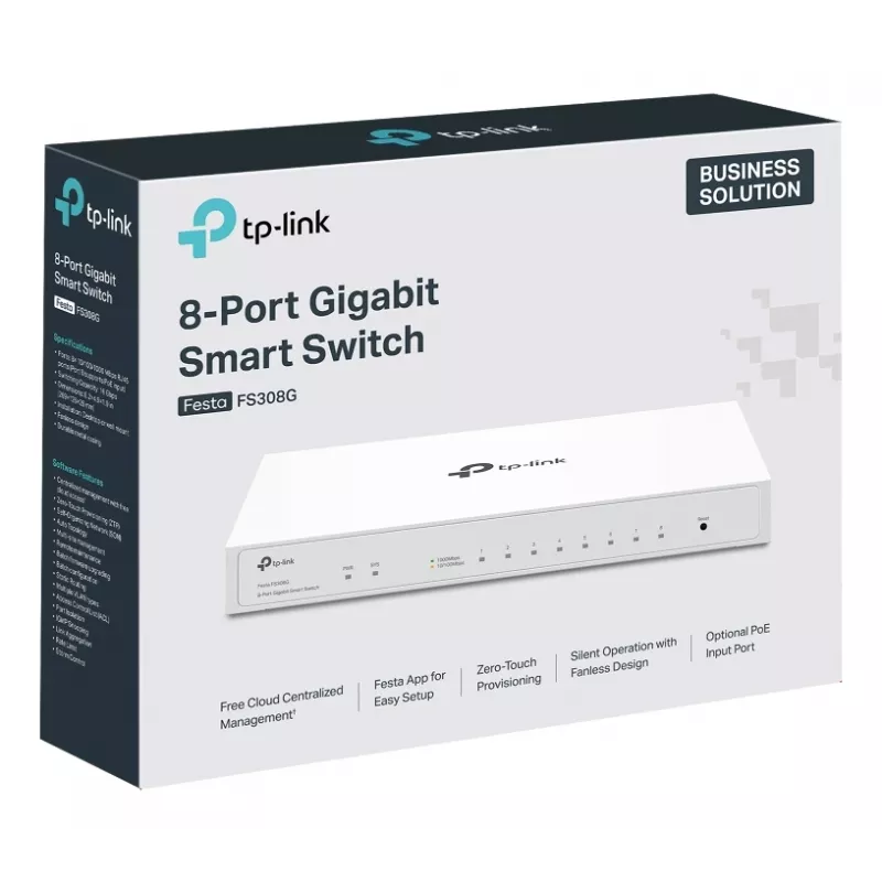 Switch gerido TP-Link Festa FS308G, 8 portas Gigabit, L2/L2+, branco
