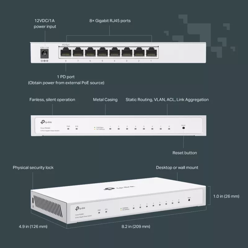 Switch gerido TP-Link Festa FS308G, 8 portas Gigabit, L2/L2+, branco