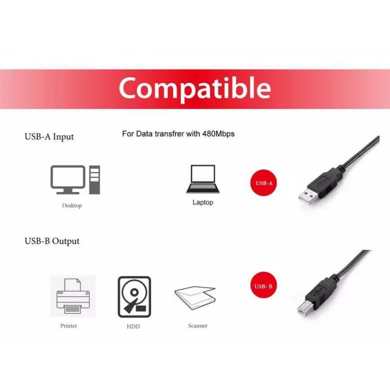 Equip cabo USB 2.0 Type-A para Type-B, 2,0 m, preto