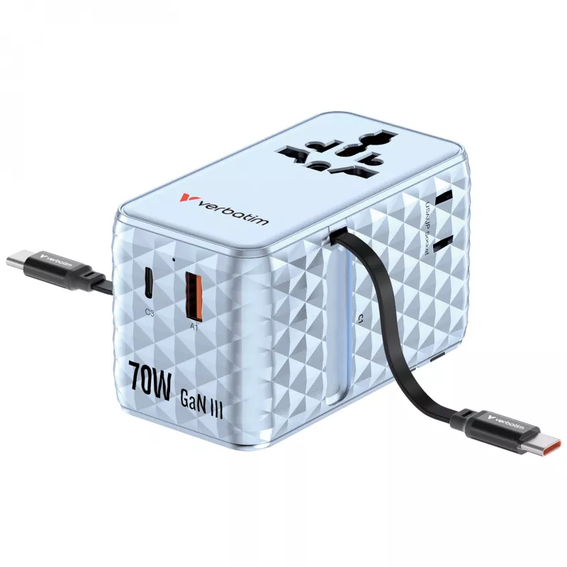 Verbatim Charge 'n' Travel 70W 2C adaptador de viagem universal retrátil azul