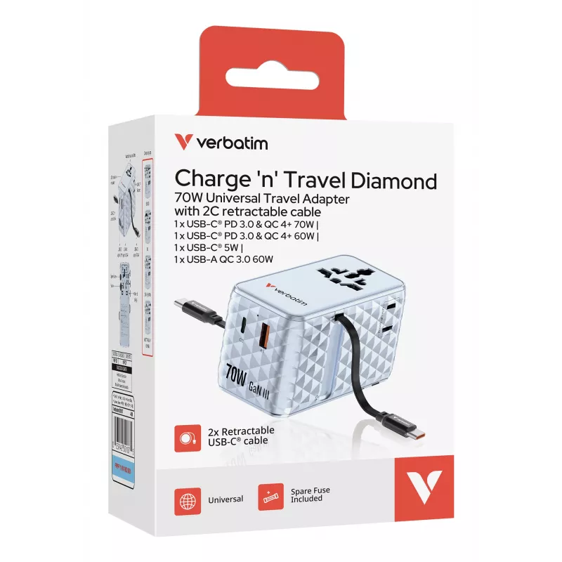 Verbatim Charge 'n' Travel 70W 2C adaptador de viagem universal retrátil azul